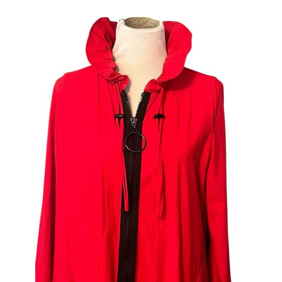 IC By Connie K Jacket Coat •L• Long Sleeve Zip Ruffle Collar Front Zip Red USA - Picture 2 of 12